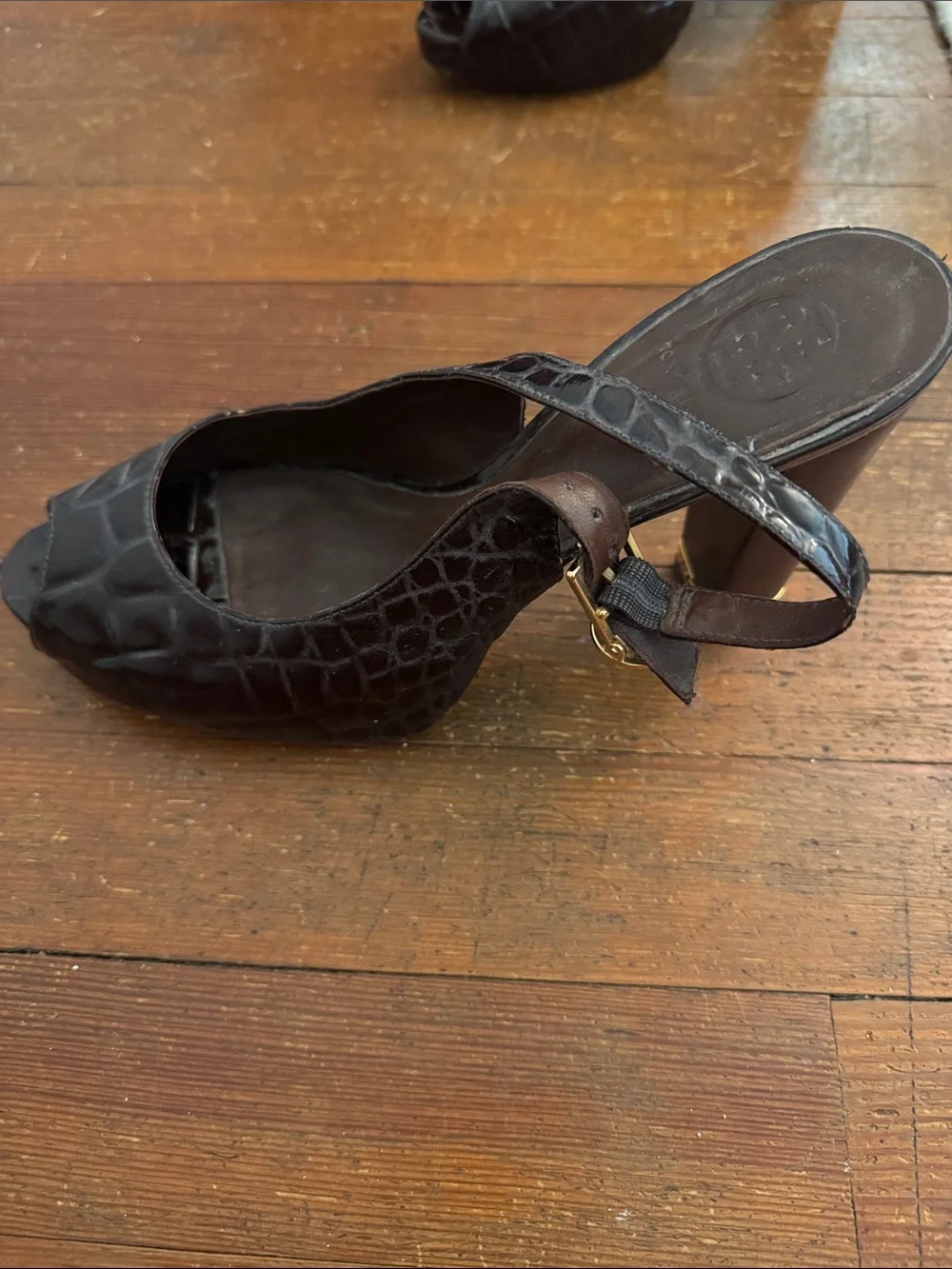 Tory Burch Dark Brown Croc-Embossed Peep-Toe Slingback Heels with Gold Buckle - Picture 7 of 11